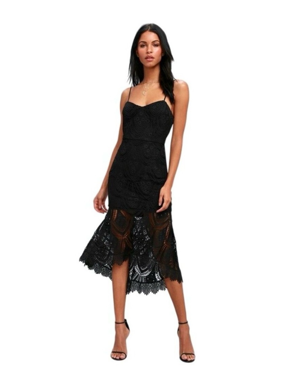 Lulu's Black Lace High-Low Spaghetti Strap Dress